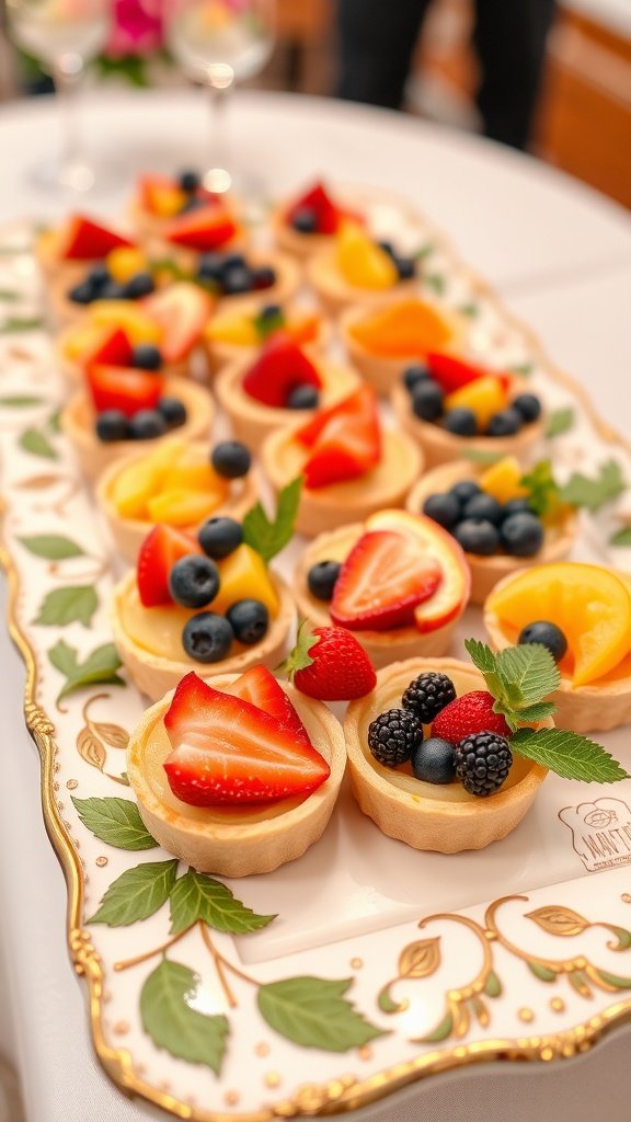 A platter of fresh fruit tartlets topped with various berries and fruits.