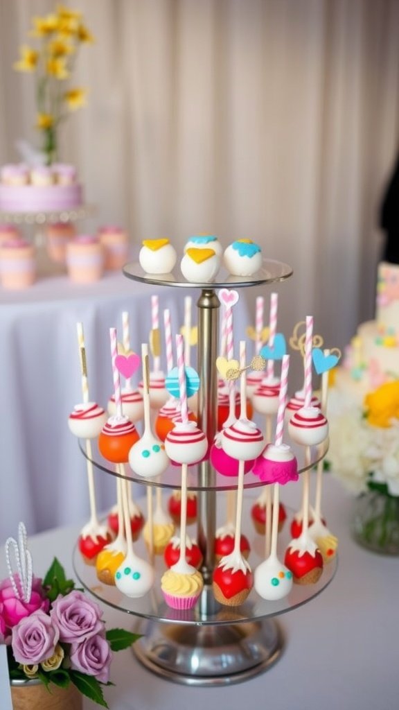 Colorful cake pops displayed on a tiered stand, perfect for a wedding reception.