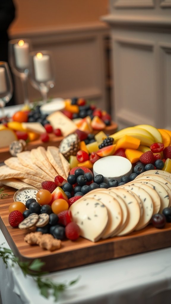 A beautifully arranged fruit and cheese platter, featuring assorted cheeses, fresh fruits, nuts, and crackers.