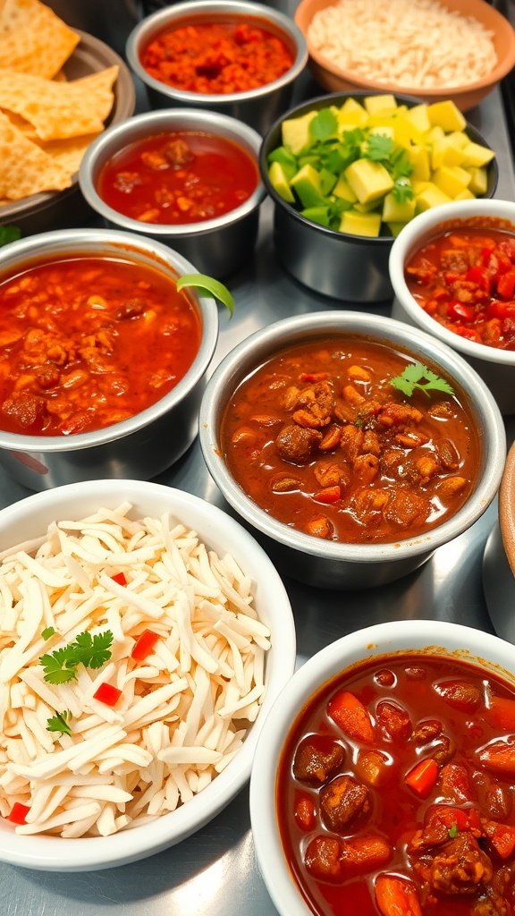 A spread of chili options with various toppings and sides, perfect for a DIY chili bar at a reception.