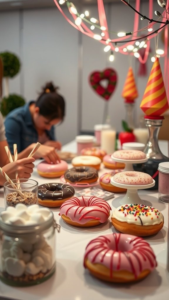 A vibrant DIY donut decorating station with various donuts and toppings.
