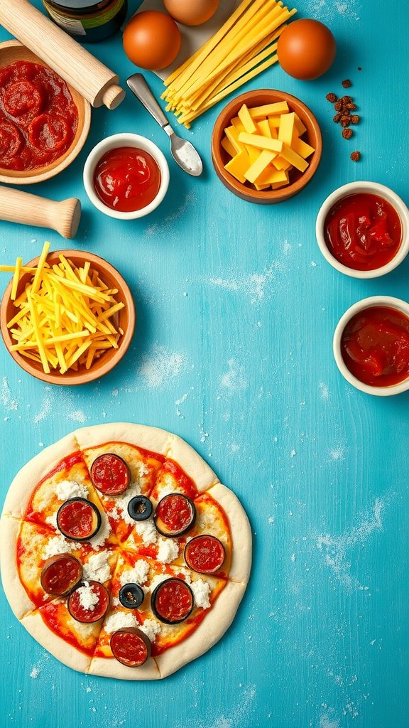 A DIY pizza assembly station with various toppings, including sauce, cheese, and pepperoni, on a blue table.