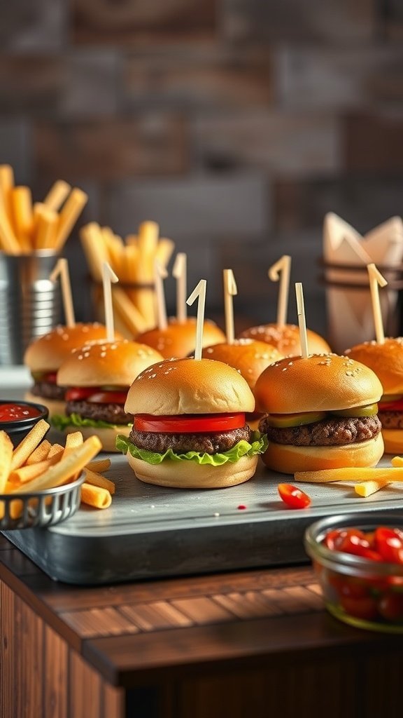 A beautifully arranged DIY slider bar with mini burgers, fries, and various toppings.