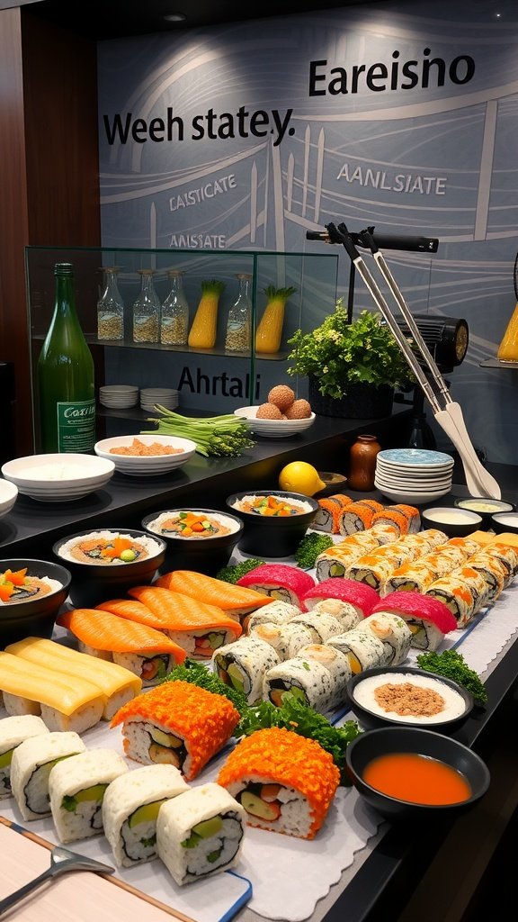 A beautifully arranged sushi rolling station with colorful sushi rolls, fresh ingredients, and various sauces.