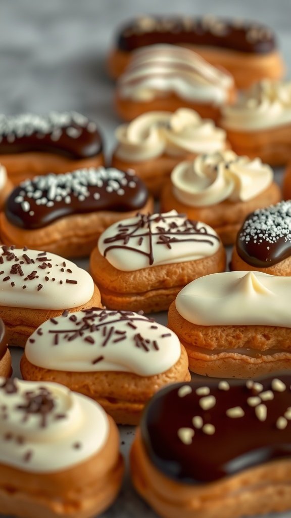 A variety of eclairs with different fillings and toppings.