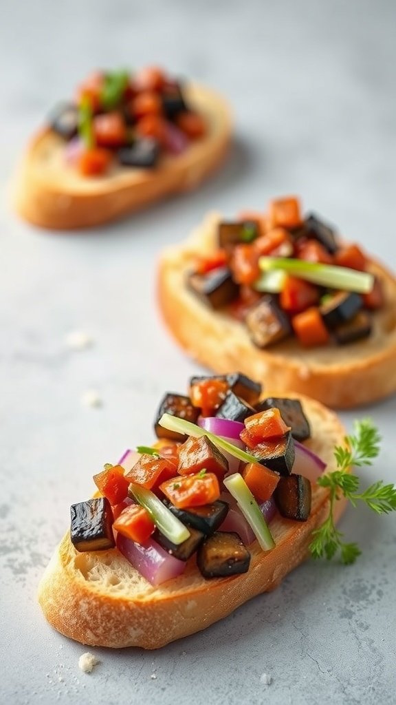 Toasted baguette topped with eggplant caponata, colorful and appetizing.