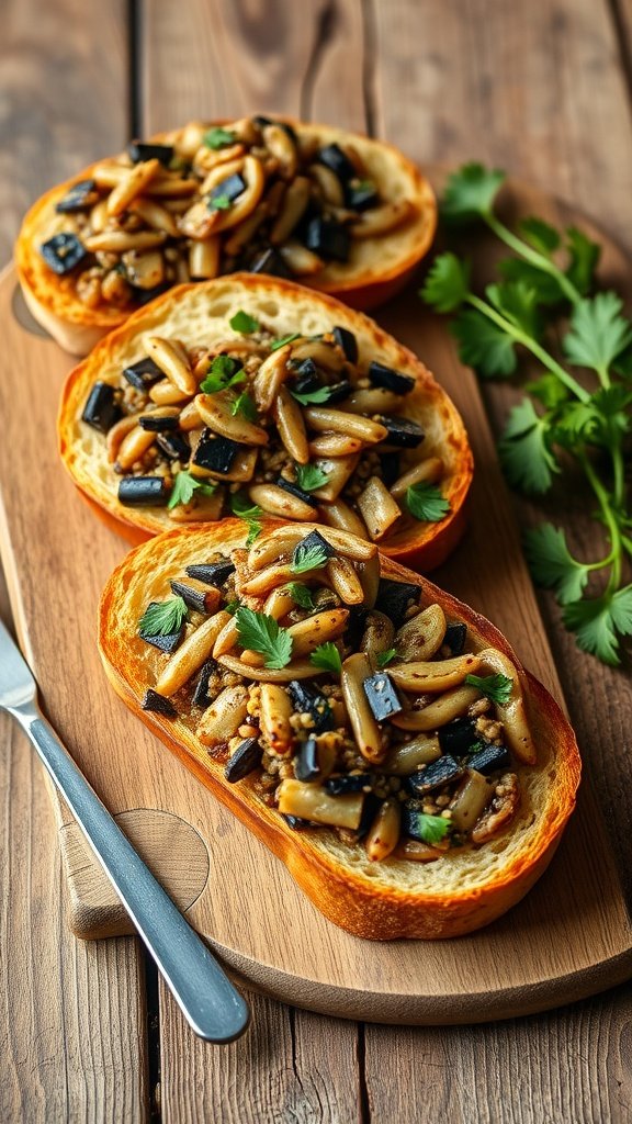 A wooden platter with slices of toasted bread topped with a mixture of roasted eggplant and herbs.