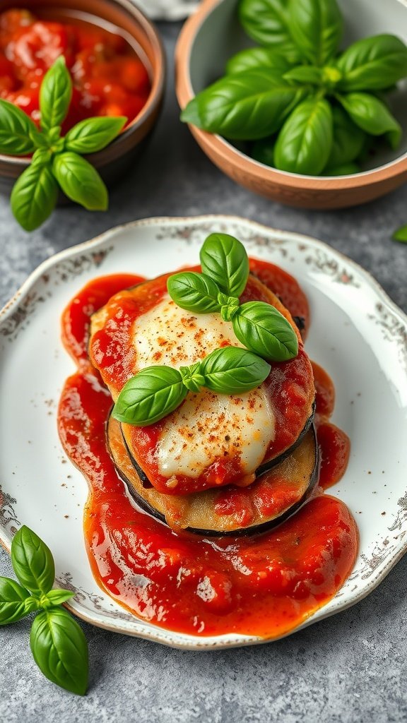 A serving of Eggplant Parmesan garnished with fresh basil leaves and marinara sauce.