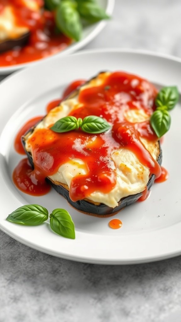 A plate of Eggplant Parmesan with Marinara sauce and fresh basil leaves