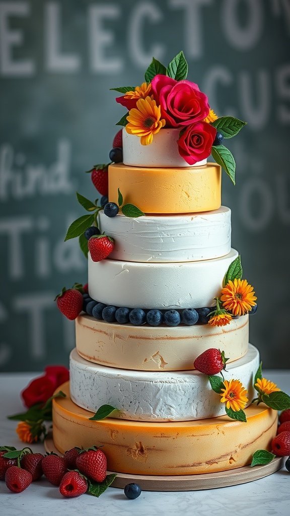A beautiful cheese wheel stack adorned with fruits and flowers