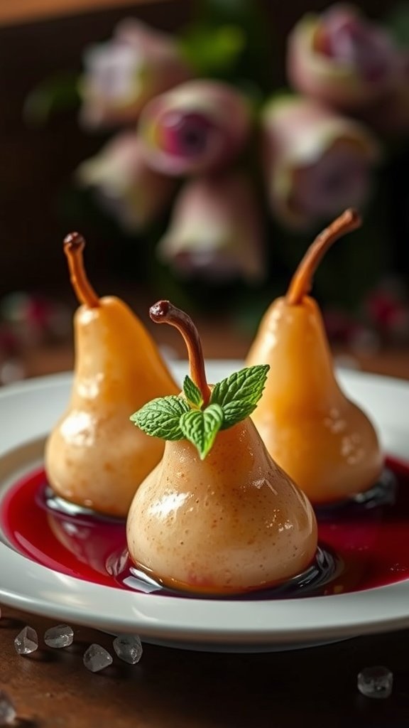 Elegant poached pears in red wine garnished with mint leaves on a plate.