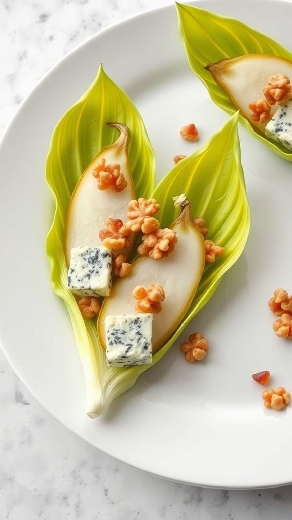 Endive boats filled with blue cheese, pear, and topped with walnuts.