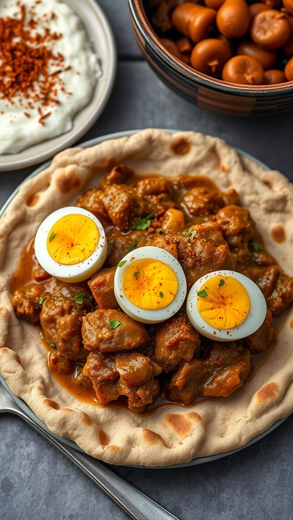A plate of Ethiopian Doro Wat featuring spicy chicken stew with hard-boiled eggs on injera.