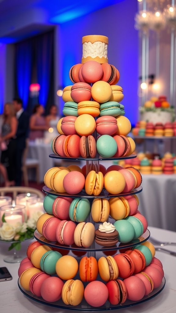 A beautifully arranged tower of colorful macarons in various flavors.