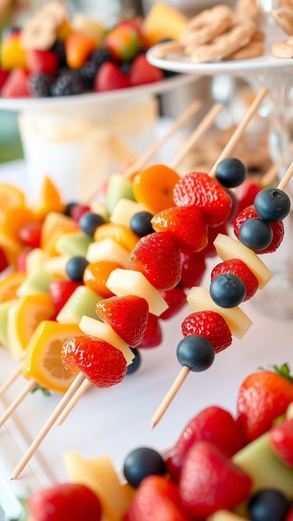 Fancy fruit skewers with assorted fruits arranged on skewers.