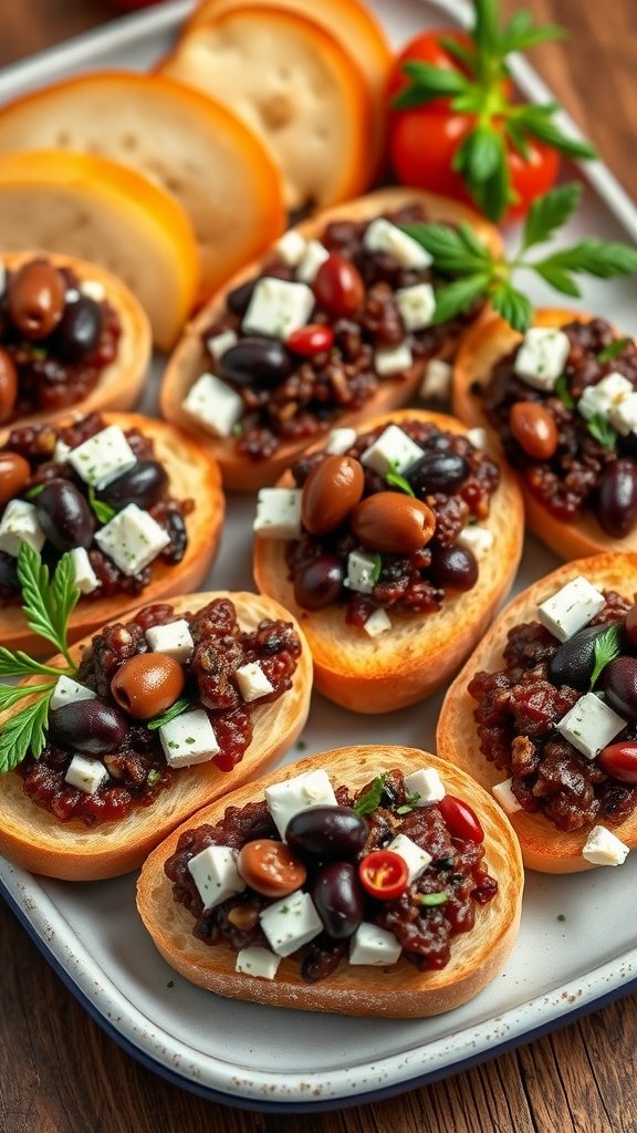 Crostini topped with feta cheese and olive tapenade, garnished with parsley.