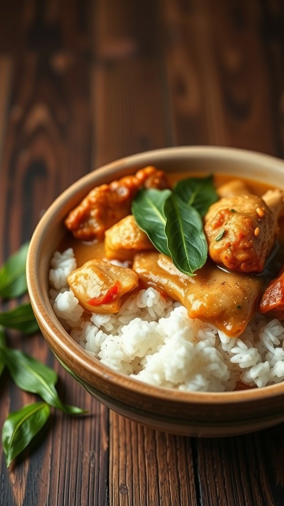 Bowl of Filipino Adobo served over rice with fresh herbs