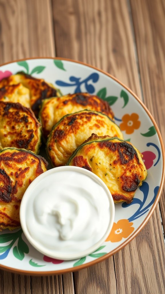 A plate of fried zucchini fritters with a creamy dip