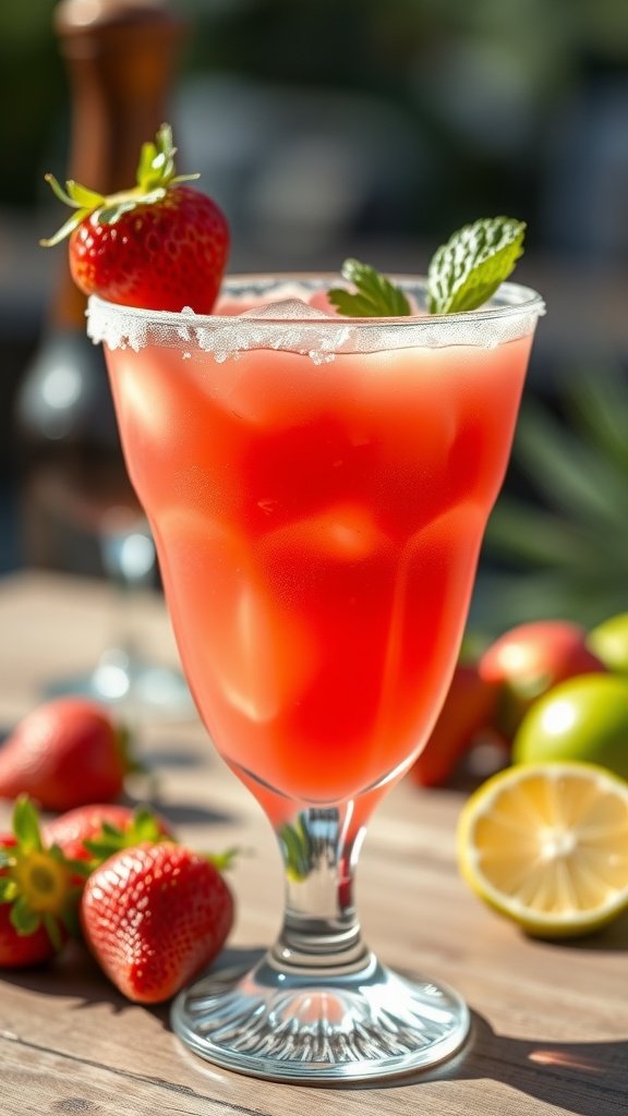 A vibrant frozen strawberry margarita in a glass, garnished with a strawberry and mint.