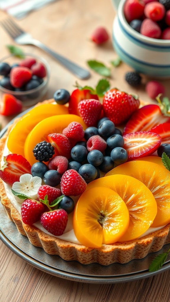 A beautiful fruit tart topped with a colorful array of fresh fruits.