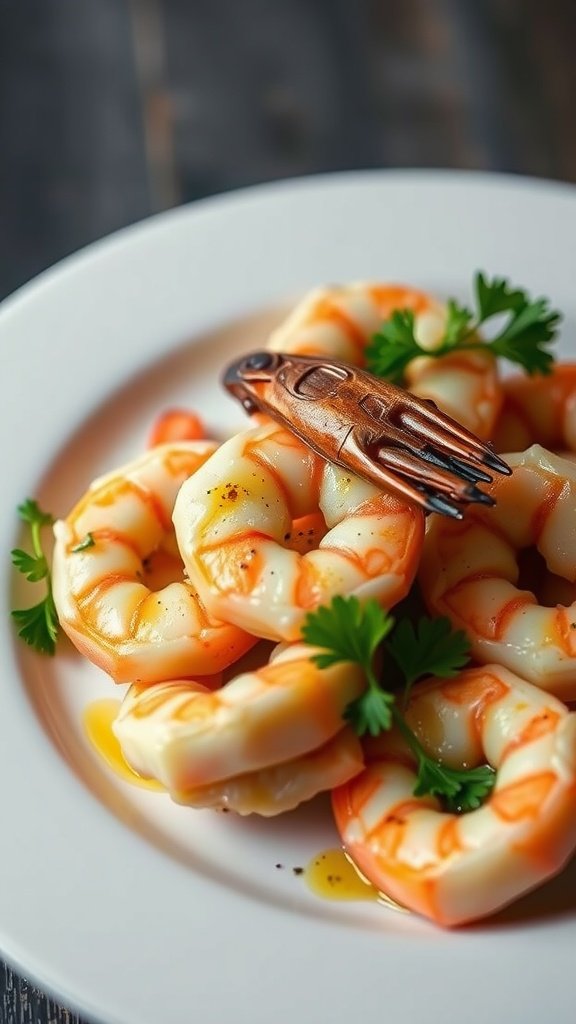 A plate of garlic butter shrimp garnished with parsley