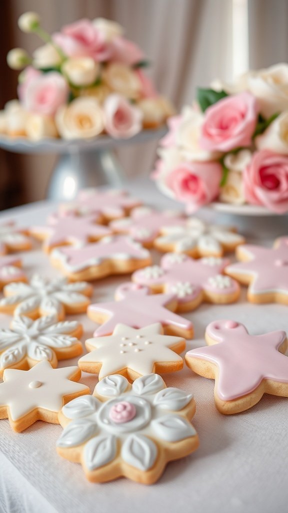 Decoratively iced sugar cookies in various shapes and designs perfect for a wedding reception.