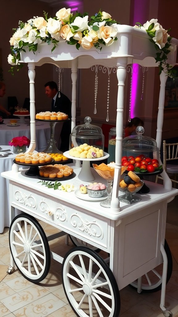 A beautifully arranged wedding dessert cart featuring various sweet treats.
