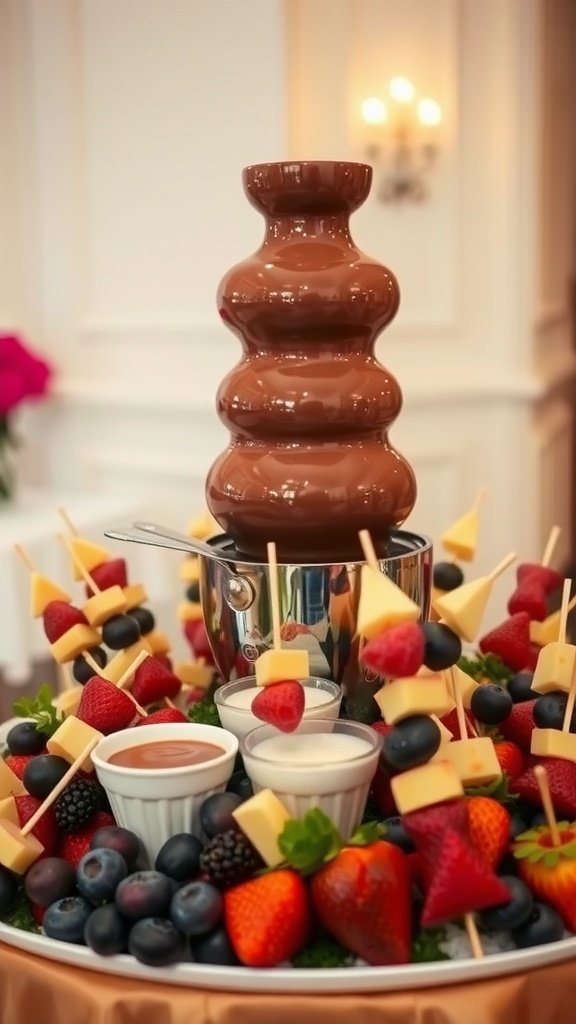 A gourmet chocolate fondue fountain surrounded by fresh fruits and dipping treats.
