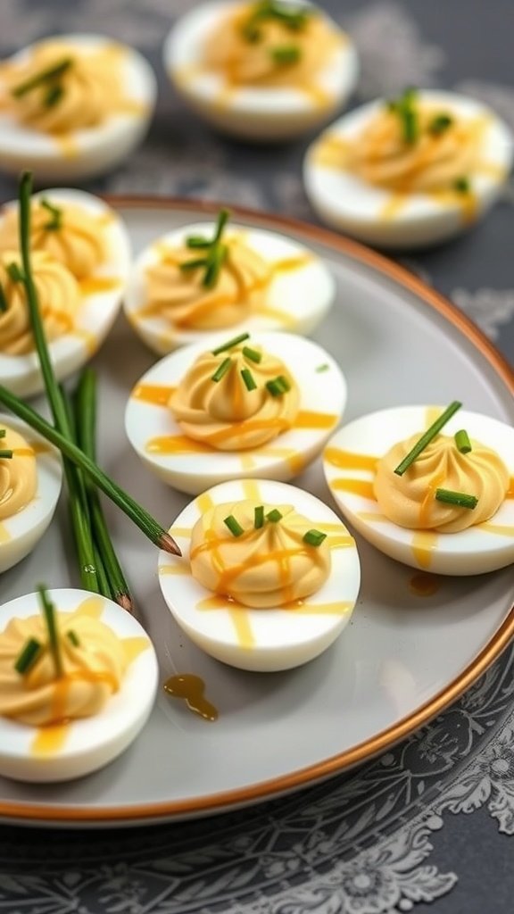 A plate of gourmet deviled eggs drizzled with truffle oil and garnished with chives.