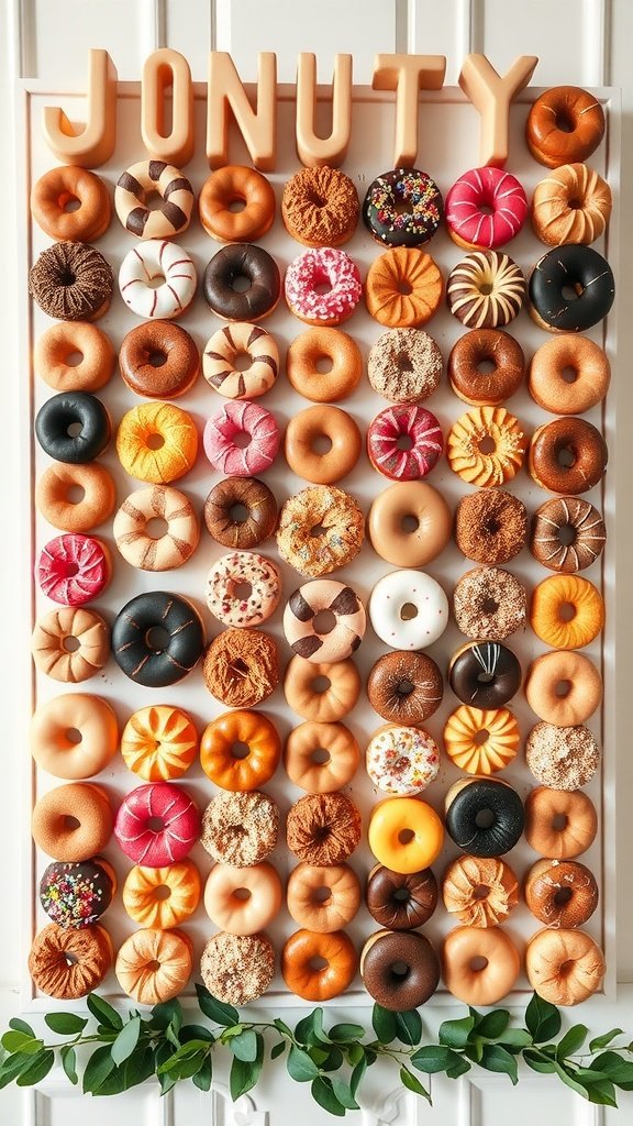 A colorful assortment of gourmet donuts displayed on a wall.