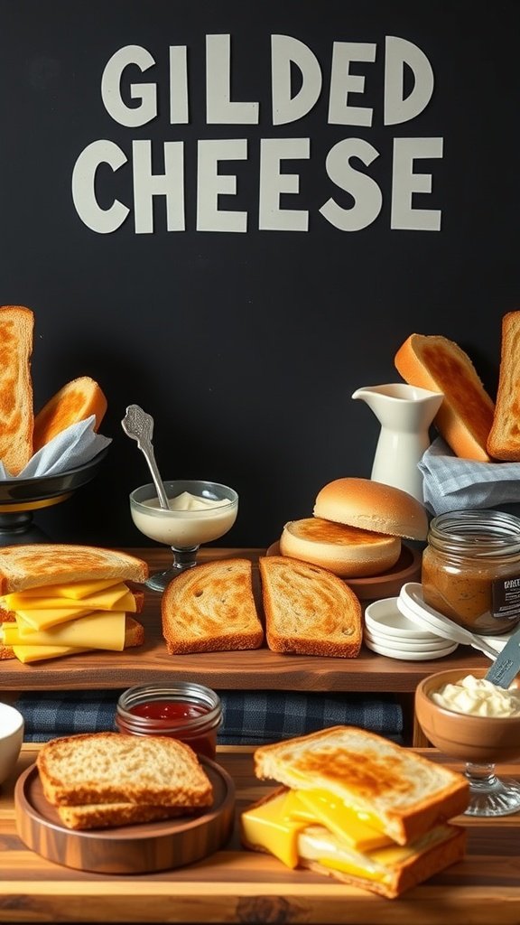 A Gourmet Grilled Cheese Station with a variety of cheeses, breads, and condiments.