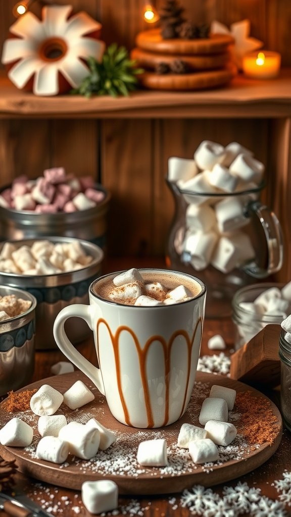 A cozy gourmet hot chocolate bar with a cup of hot chocolate topped with marshmallows, surrounded by jars of different toppings.