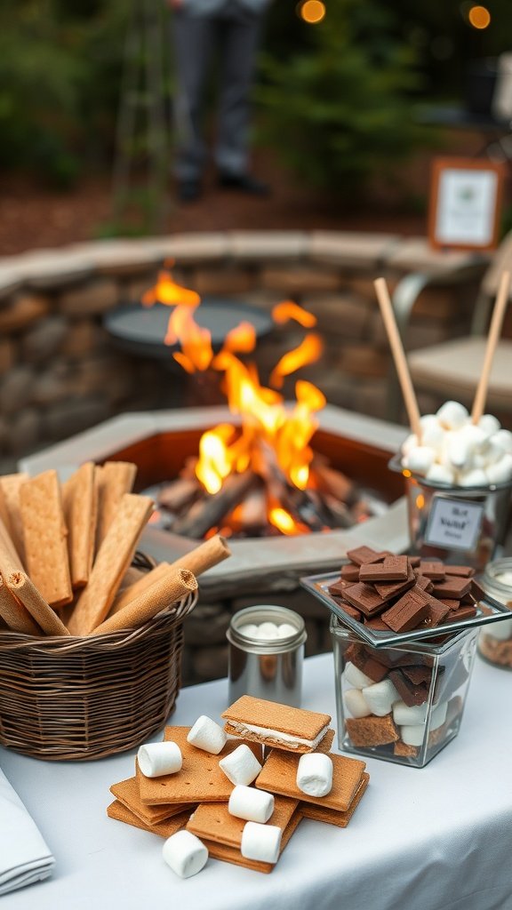 A gourmet s'mores station with graham crackers, marshmallows, and chocolate, ready for guests to enjoy.