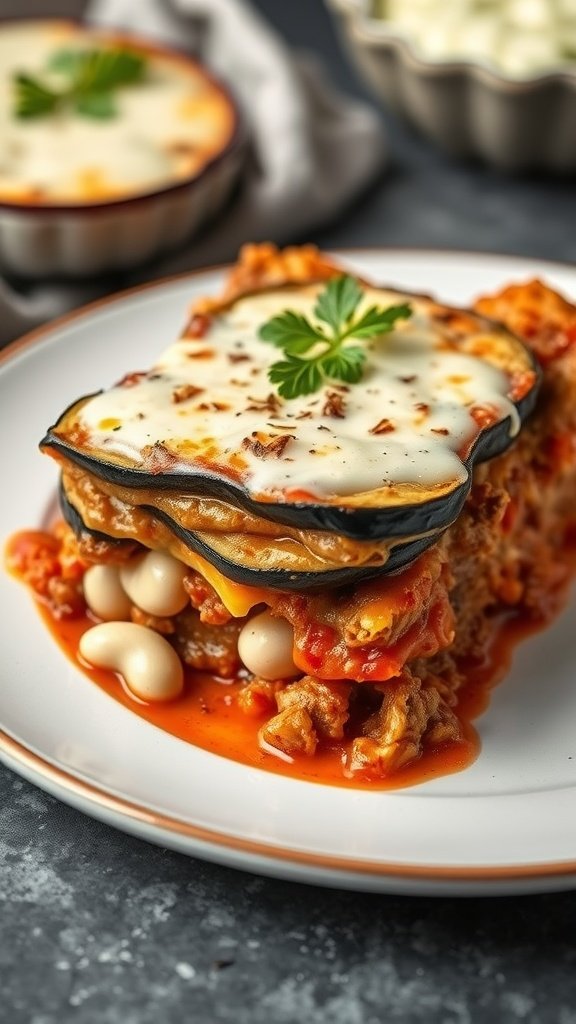 A delicious serving of Greek moussaka with layers of eggplant, meat sauce, and béchamel, garnished with parsley.