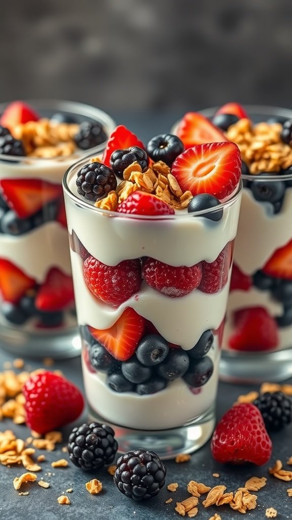 Delicious Greek yogurt and berry parfaits in glasses, layered with strawberries, blueberries, blackberries, and topped with granola.