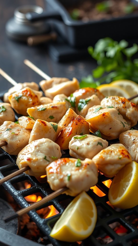 Grilled lemon herb chicken skewers on a grill with lemon slices