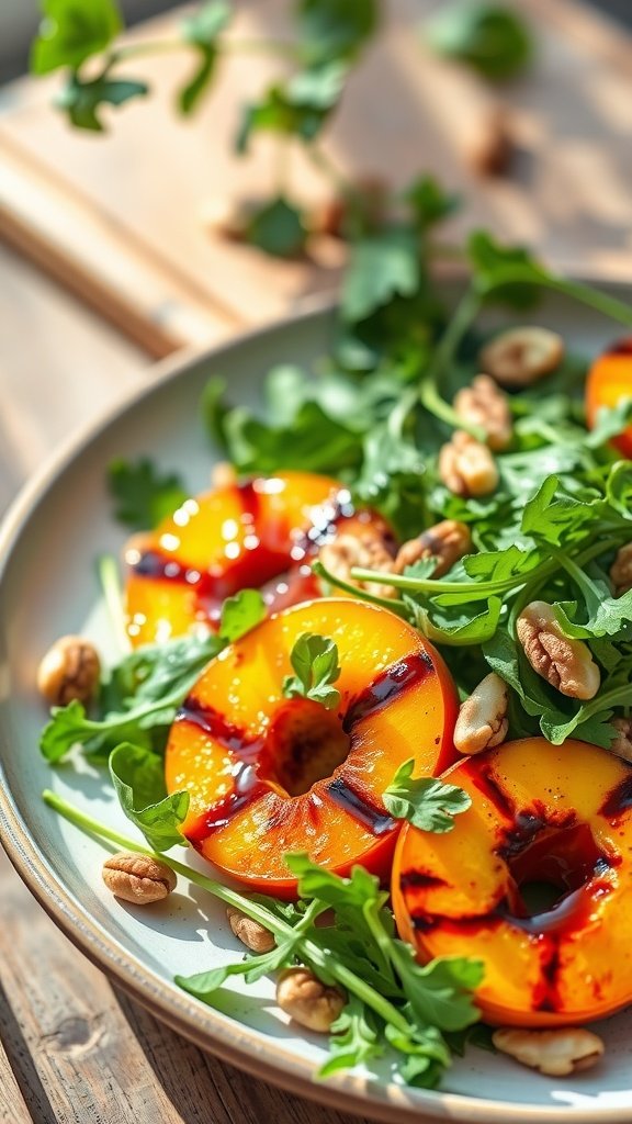 Grilled Peach Salad with Arugula, featuring grilled peach slices on a bed of arugula and walnuts.