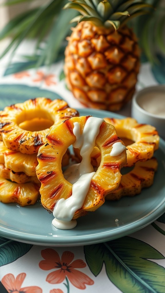 Grilled pineapple rings drizzled with coconut rum sauce, served on a plate with a fresh pineapple in the background.