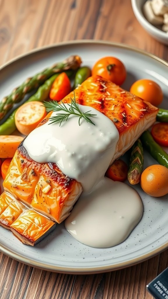 Delicious grilled salmon topped with creamy dill sauce served with colorful vegetables.