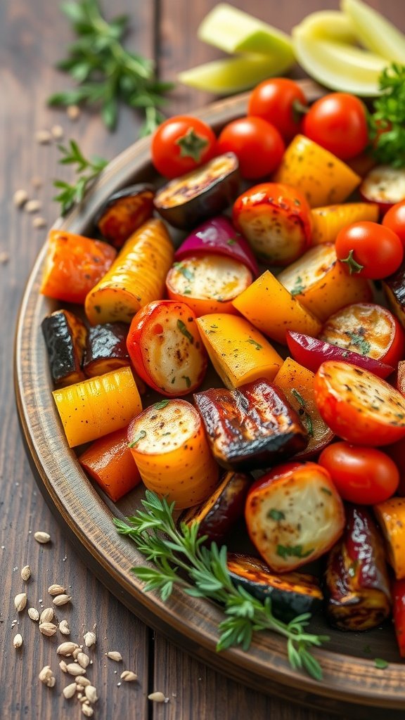 A colorful grilled vegetable platter featuring bell peppers, zucchini, eggplant, and cherry tomatoes, garnished with fresh herbs.