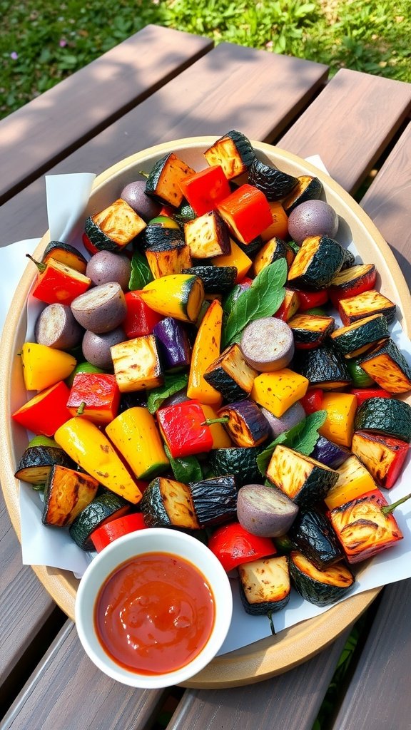 A colorful grilled vegetable platter with chimichurri sauce, showcasing assorted vegetables like bell peppers, zucchini, and eggplant.
