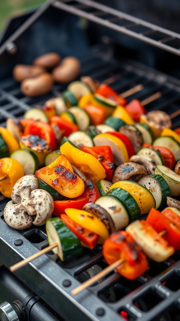 A variety of colorful grilled vegetable skewers on a grill