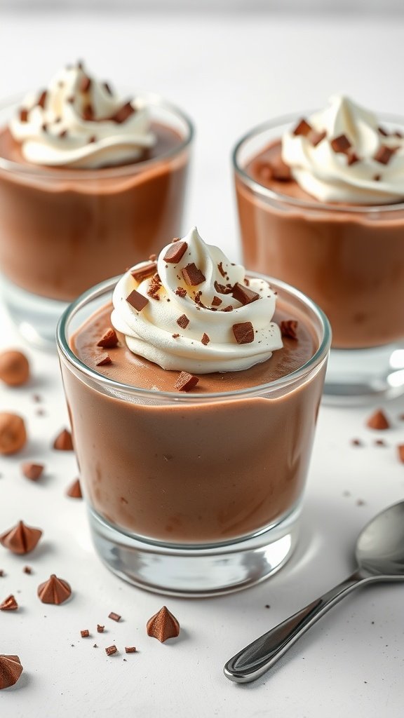 Three cups of hazelnut chocolate pudding topped with whipped cream and chocolate shavings