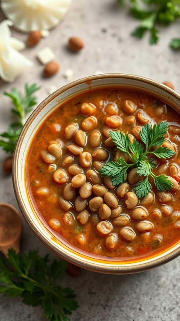 A bowl of hearty lentil soup topped with fresh parsley.
