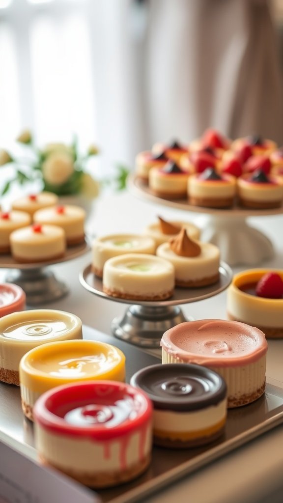 An assortment of colorful cheesecake bites on a table