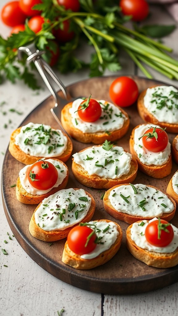 A platter of herb-infused goat cheese crostini topped with cherry tomatoes and fresh herbs.