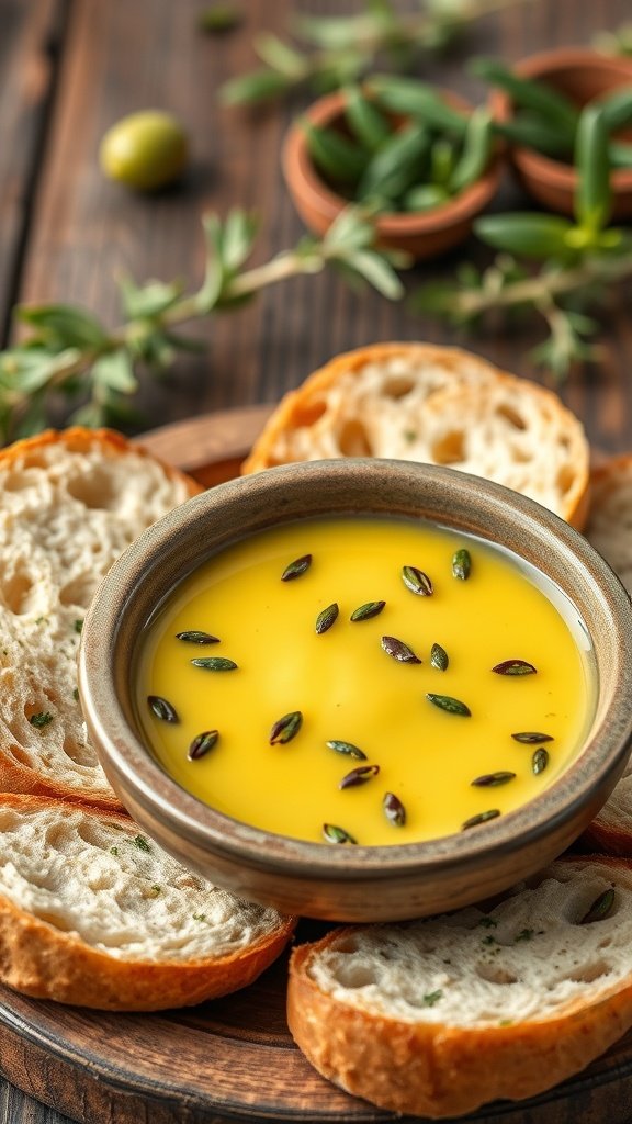 A bowl of herb-infused olive oil dipping sauce surrounded by slices of bread, garnished with herbs on a wooden table.