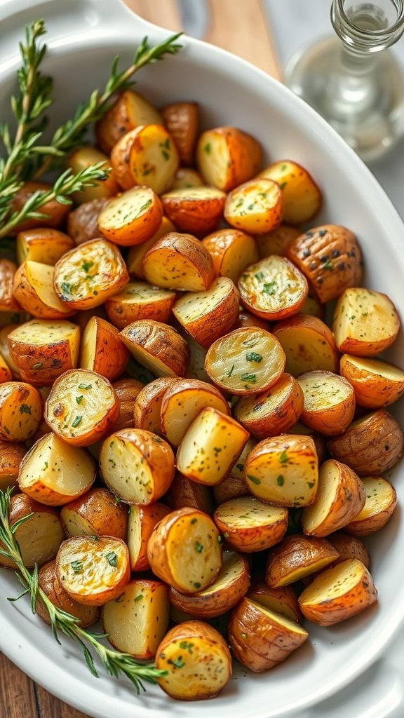A serving of herb-roasted potatoes in a white dish, garnished with fresh herbs.