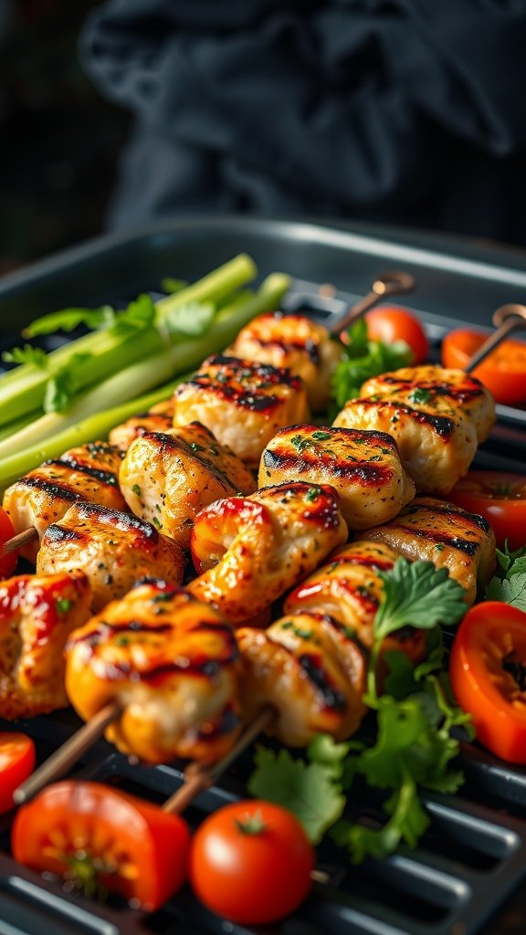 Grilled herbed chicken skewers with tomatoes and celery on a grill