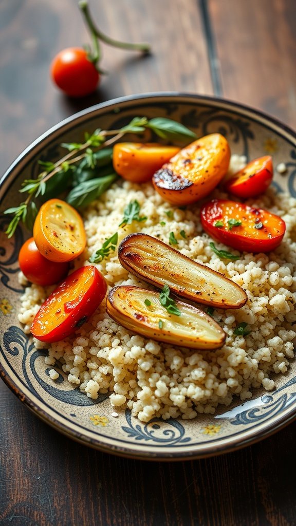 A plate of herbed couscous topped with grilled vegetables.